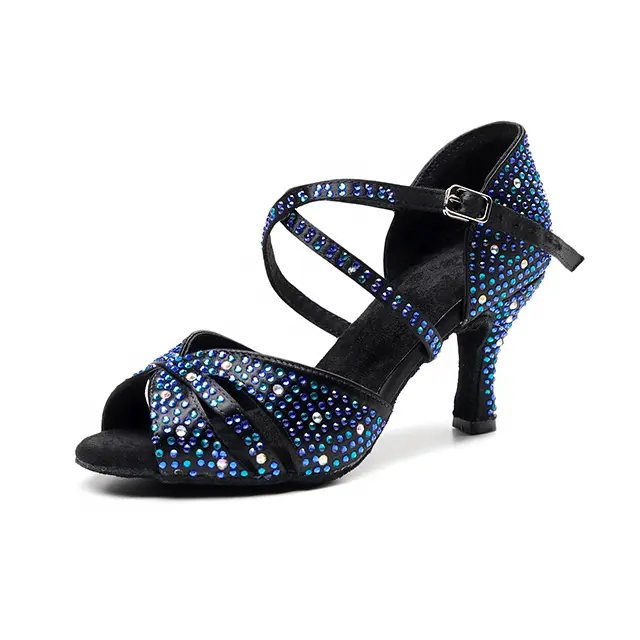 Sapato azul de bailarina com diamantes cetim, sapatos femininos para dança latina, salão de beleza, 7170