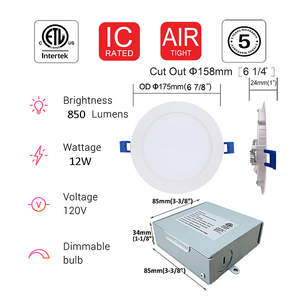 โคมไฟดาวน์ไลท์LEDทรงกลมแบบบางพิเศษ,120V 12W 800LM 3000Kพร้อมคนขับ