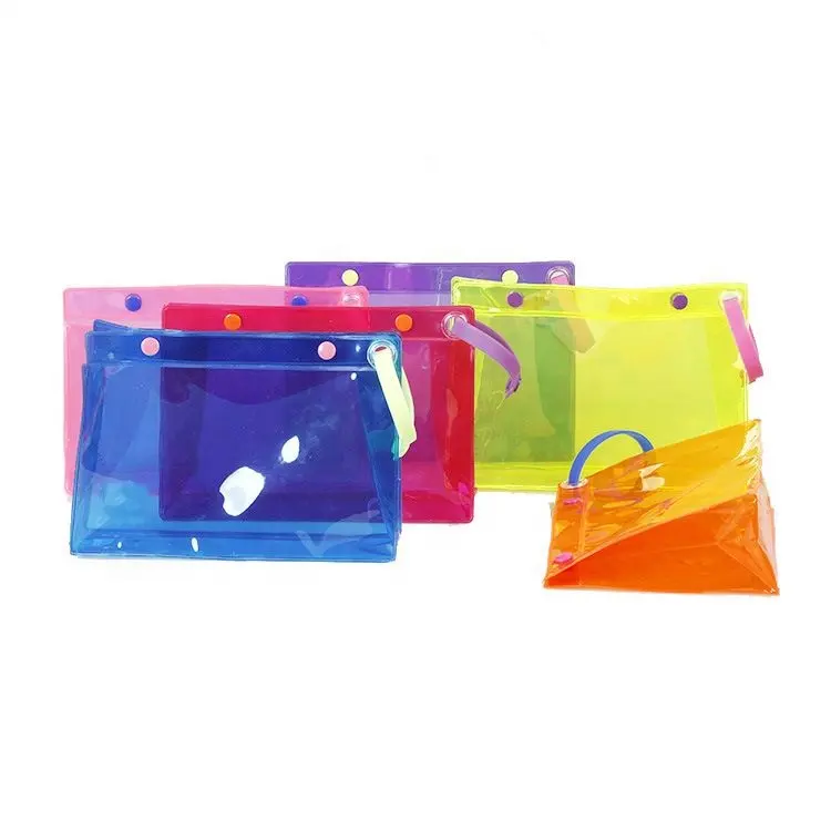 Sacos de botão de plástico macio transparente reciclável do pvc para embalagem de maquiagem cosmética com alça