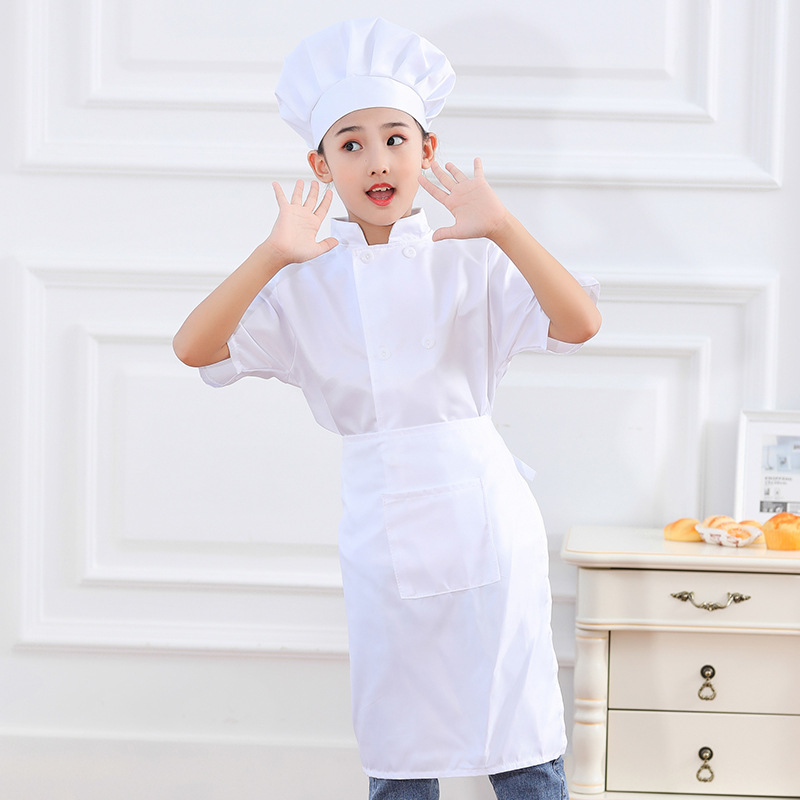 Blanco puro-manga corta-delantal blanco-gorro de chef blanco