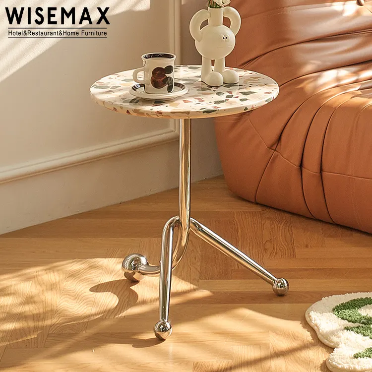 WISEMAX-muebles nórdicos para sala de estar, mueble redondo de terrazo o madera contrachapada con marco de metal, mesa de centro lateral cerca de sofá