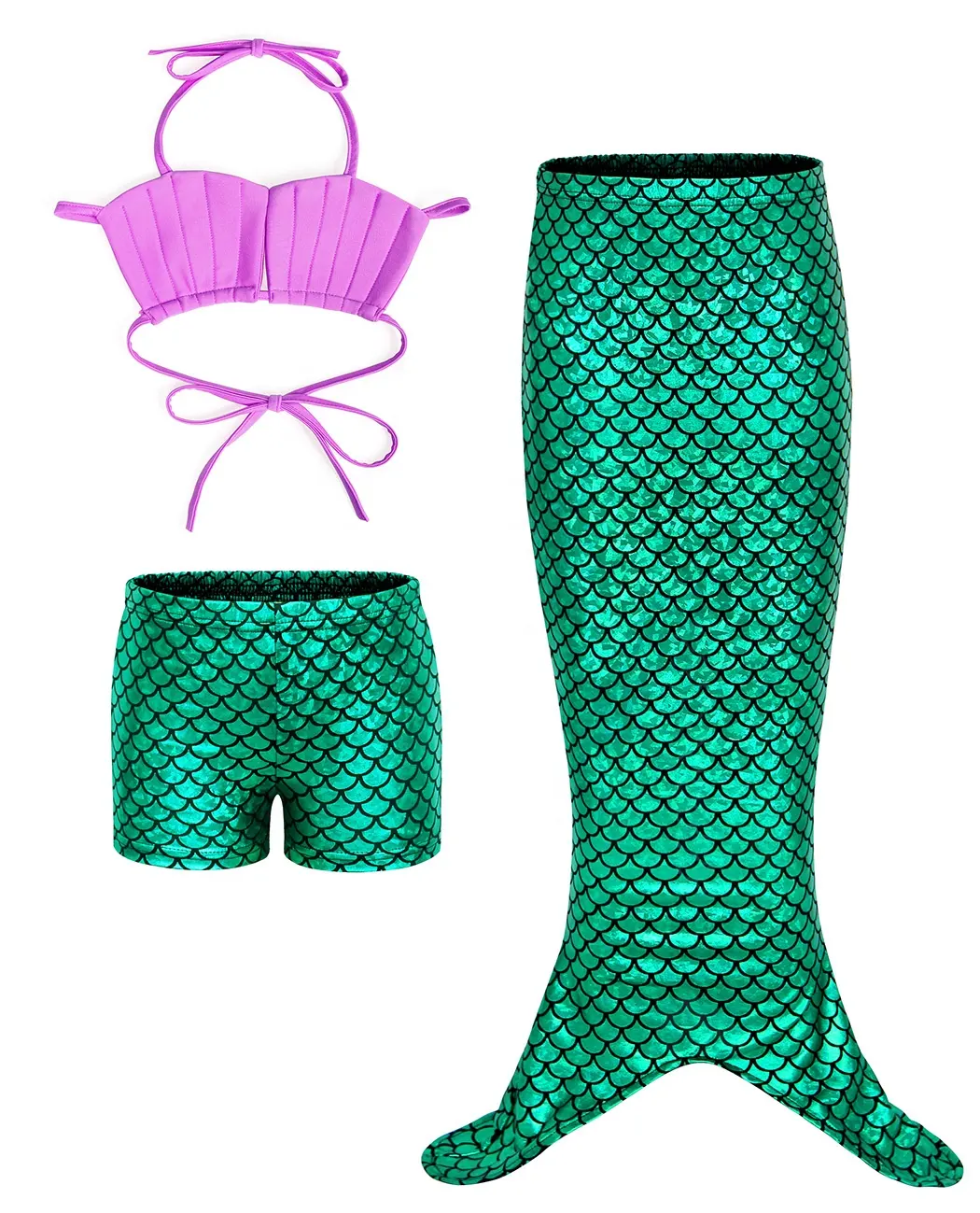 Conjunto de roupas para meninas, biquíni para crianças, moda verão, 3 peças, cauda de sereia, roupa de banho, moda praia