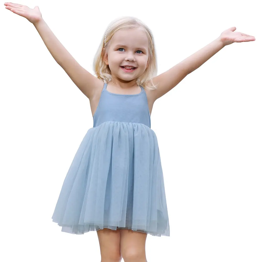 幼児チュチュドレスコットンリネンノースリーブ4層パッチワークチュールドレス女の子調節可能なタイバックパーティープリンセスドレス