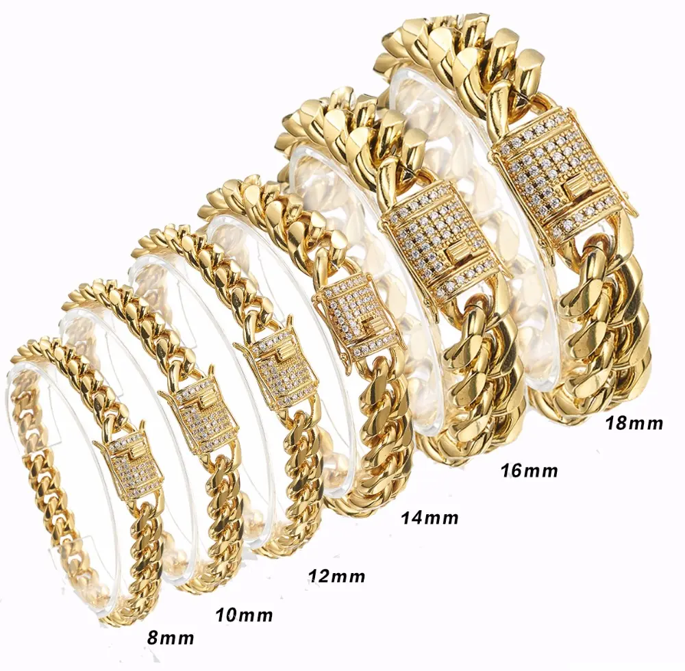 Venta caliente HipHop Jewelry Chunky Acero inoxidable 14K 18K Chapado en oro CZ Cadena cubana Muñeca Pulsera de mano