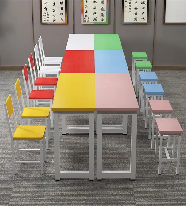 Mobiliário escolar colorido de aço, material de aço para estudantes, livro, mesa de leitura, madeira, conjunto de mesa e cadeira