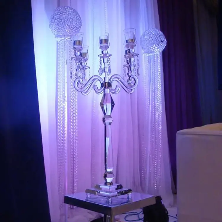 Venta al por mayor de candelabros de cristal de 5 brazos, decoración de mesa de boda, centro de mesa