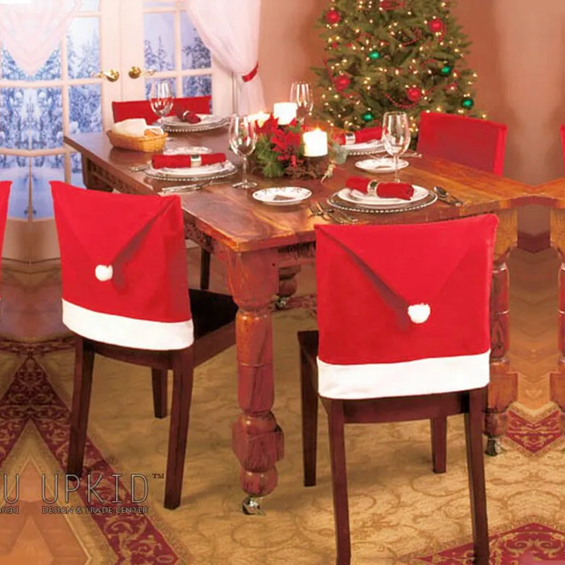 Decorazioni per sedie natalizie natalizie decorazioni rosse Non tessute articoli natalizi sedile sedia schienale decorazione per la tavola fodere per cappelli da babbo natale