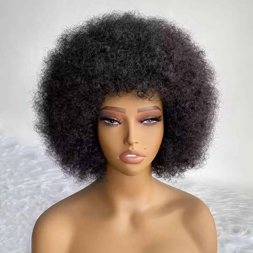 Afro Peruca 70s para Mulheres Peruca Big Puff com Franja Cosplay Glueless Fluffy Curto Afro Kinky Curly Perucas sintéticas para mulheres negras