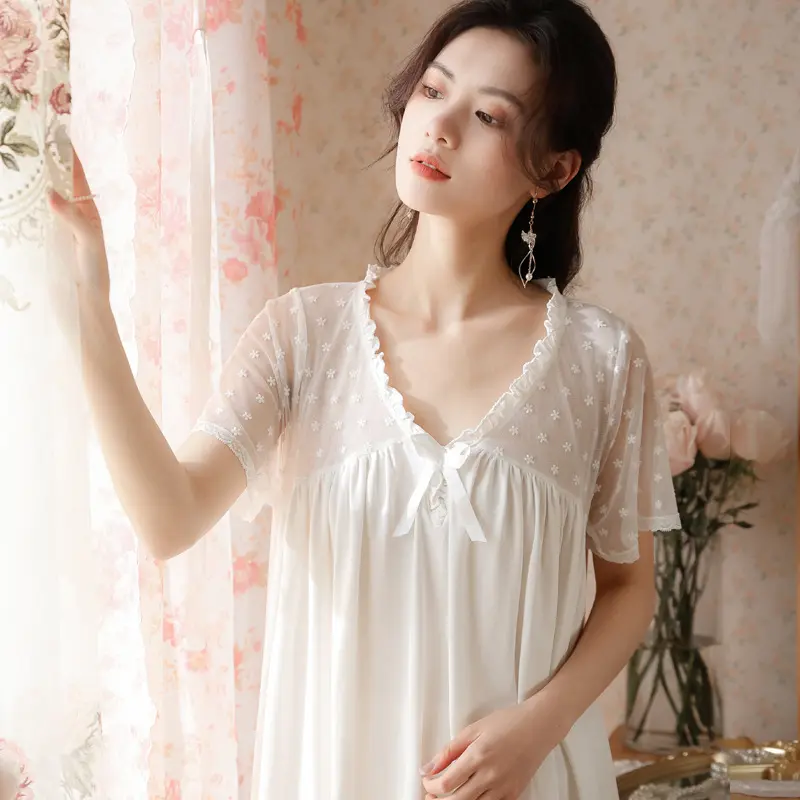 Camisón de manga corta con cuello de pico para mujer, ropa de princesa de corte real suelta para el hogar, pijamas sexys de encaje para chica larga para el hogar, novedad de verano