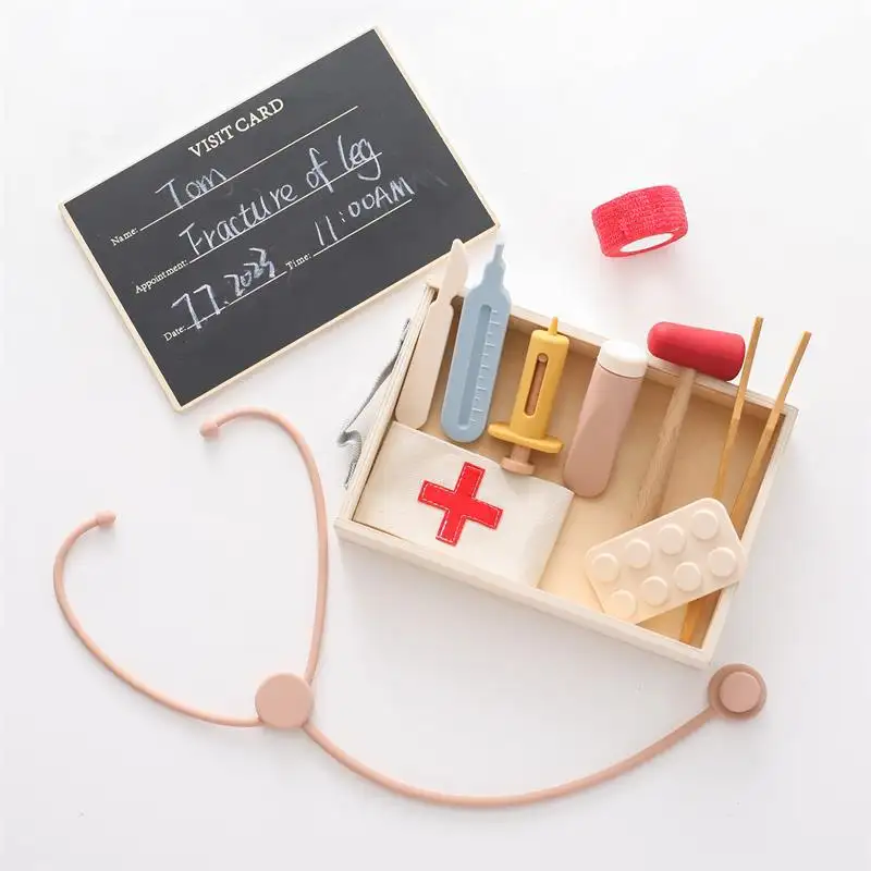 Kit educativo de simulación de médico, casa de juegos de madera para niños, juego de juguetes médicos, caja médica, juguete para niños pequeños, juego de juguetes de regalo