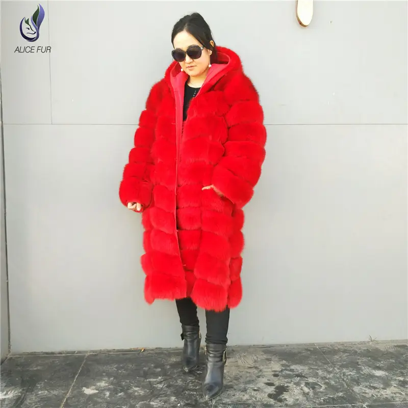 Manteau long d'hiver à capuche pour femme, vêtement de fourrure de renard, grande taille, rouge, offre spéciale, collection
