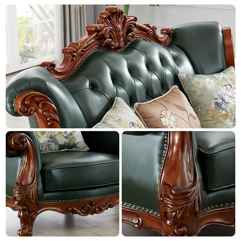 Sofá de cuero de madera con diseños populares, sofá clásico de estilo americano para sala de estar, juego de sofá tallado en cuero genuino de madera maciza