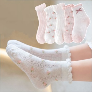 Hot Selling <strong>Sweet</strong> and Cute pink comfort Mesh Small Floral Bow pink White Polyester Spandex Mid-tube <strong>Socks</strong>