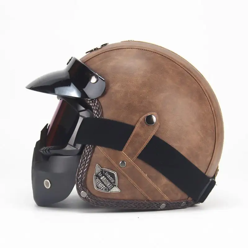 クラシックモーターサイクルヘルメットマスク付き3/4ハーフフェイスレザーパーソナリティレトロカスコハーレーエレクトリックモーターサイクルヴィンテージヘルメット