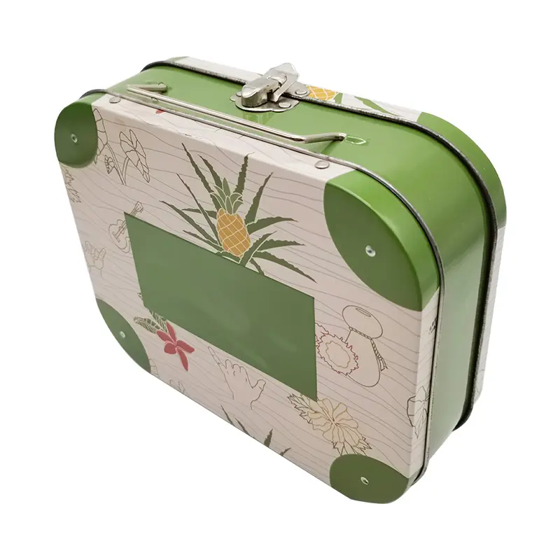 फैक्टरी अनुकूलित मुद्रित लोगो आयताकार धातु टिन उपहार सूटकेस लंच बॉक्स हैंडल के साथ लॉक के साथ टिन पैकेजिंग बॉक्स