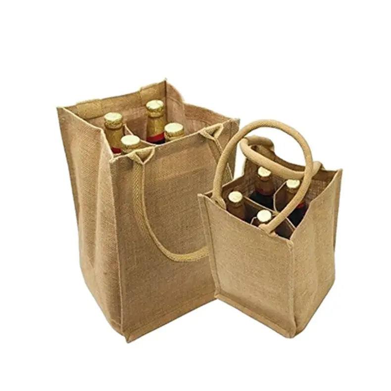 Özel Logo baskılı kozmetik kapları temizle pencere taşıyıcı şişe Hessian keten kenevir hediye çuval jüt Tote şarap çantası