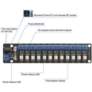 PCB017 3V-24V DC модуль распределения питания 12 каналов кнопочный переключатель - Product Image 3
