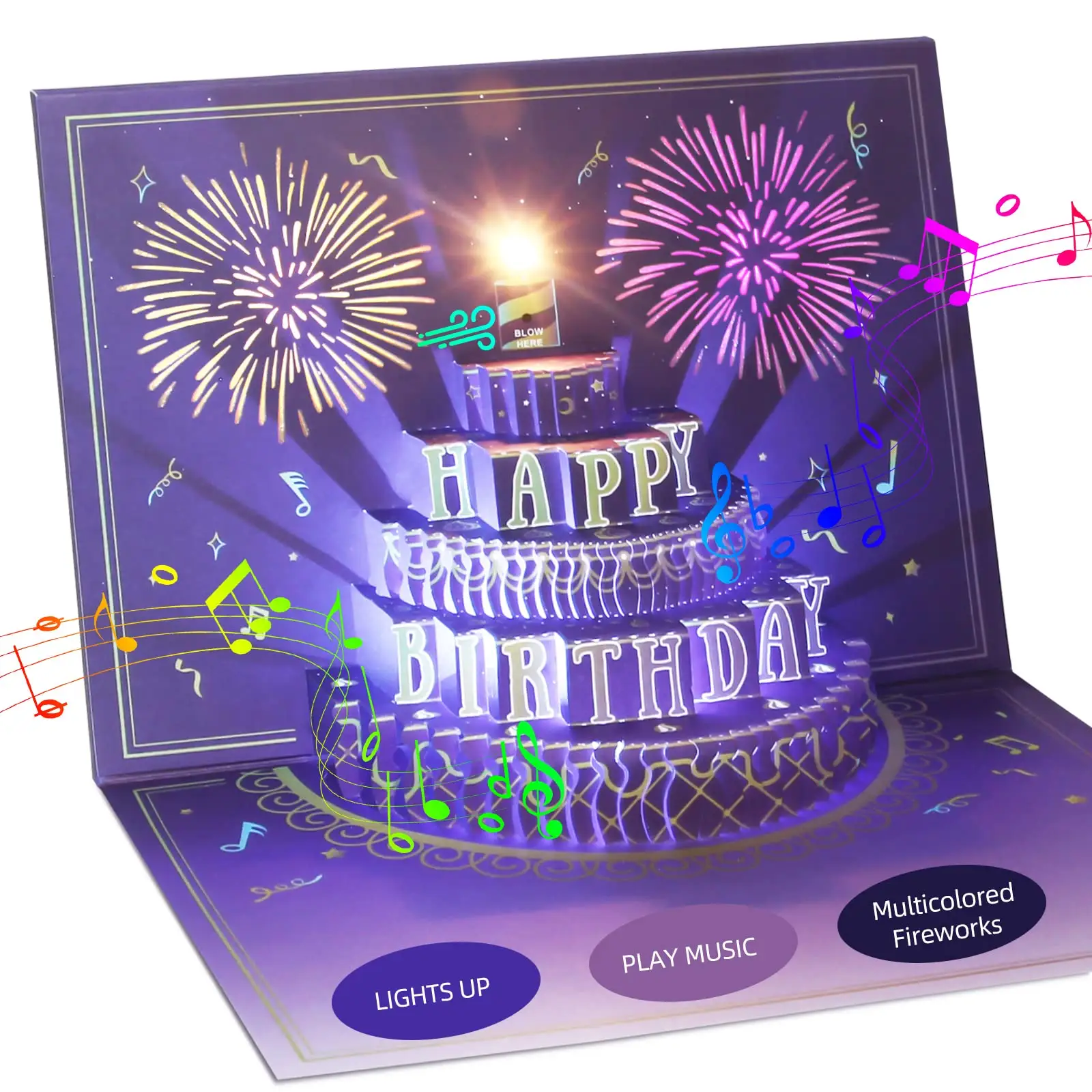 Tarjeta de feliz cumpleaños, pastel de fuegos artificiales 3D Pop Up regalo de tarjeta de cumpleaños con sobre tarjetas de felicitación 3D para mujeres, hombres, niños