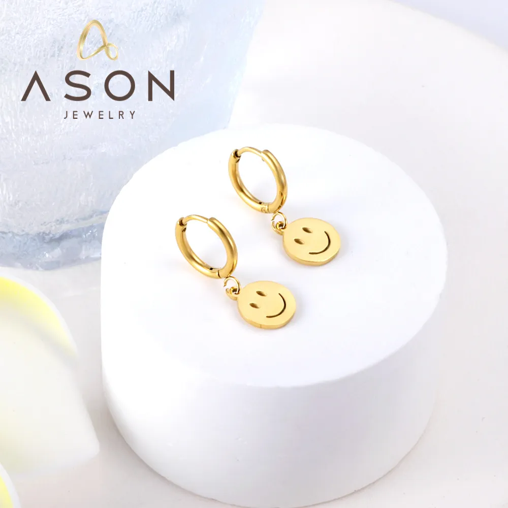 Ason गर्म बिक्री के लिए नई फैशन स्टेनलेस स्टील कान की बाली के साथ 1.6x11mm सर्कल स्माइली चेहरा कान की बाली महिलाओं के लिए