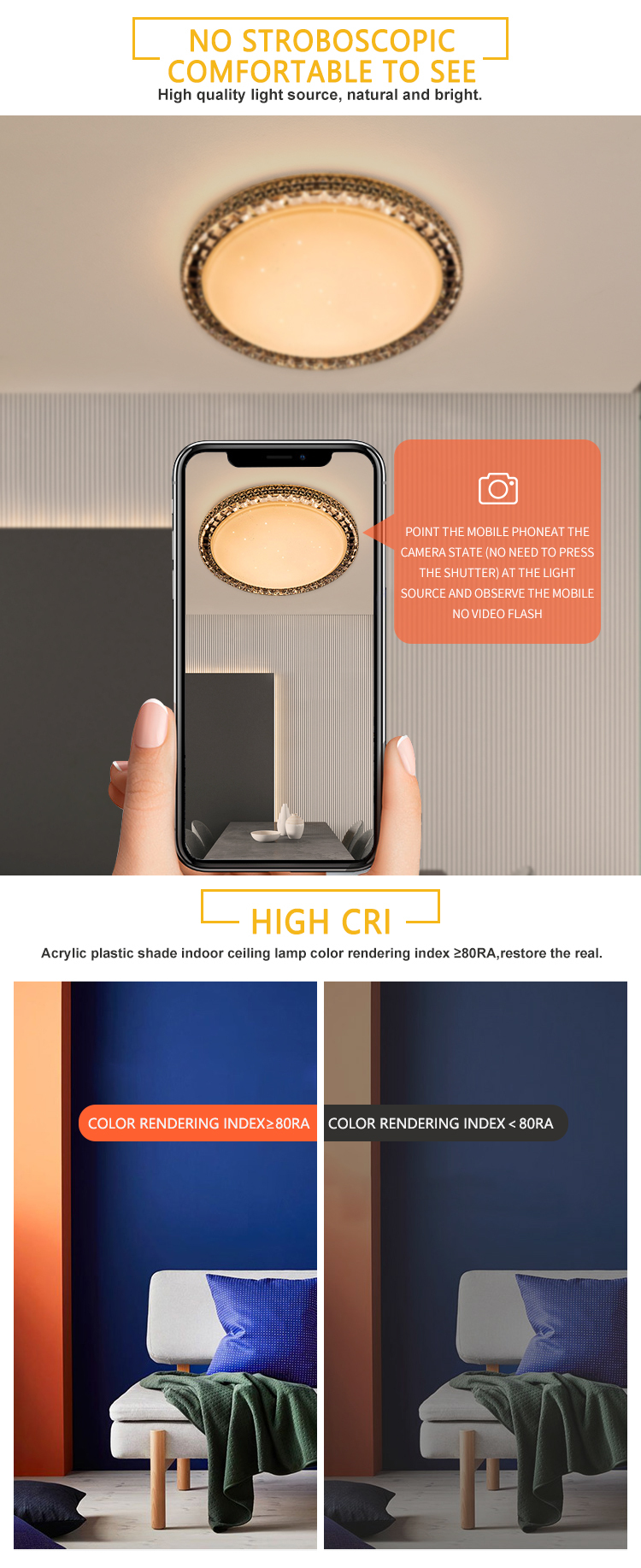 Long Term Use Acrylic Plastic Shade 6W 12W 24W 36W 60W Decorative LED Ceiling Light