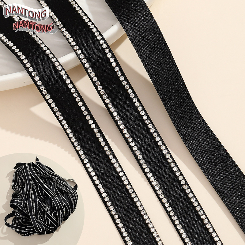 3 Double-row rhinestones - Black webbing, 16mm wide