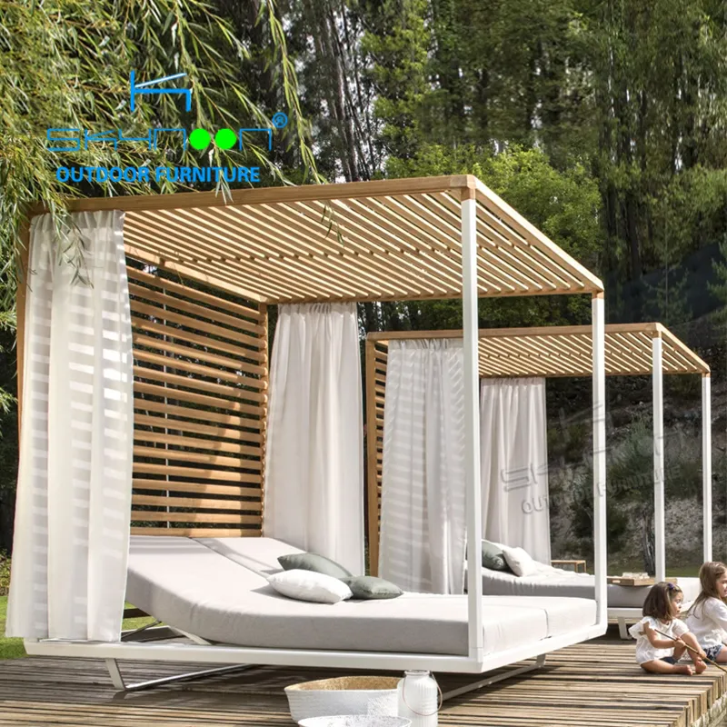 Mobili da giardino moderni di lusso daybed da esterno con cuscino spesso lettino da esterno in legno piscina lounge beach cabana(33073)