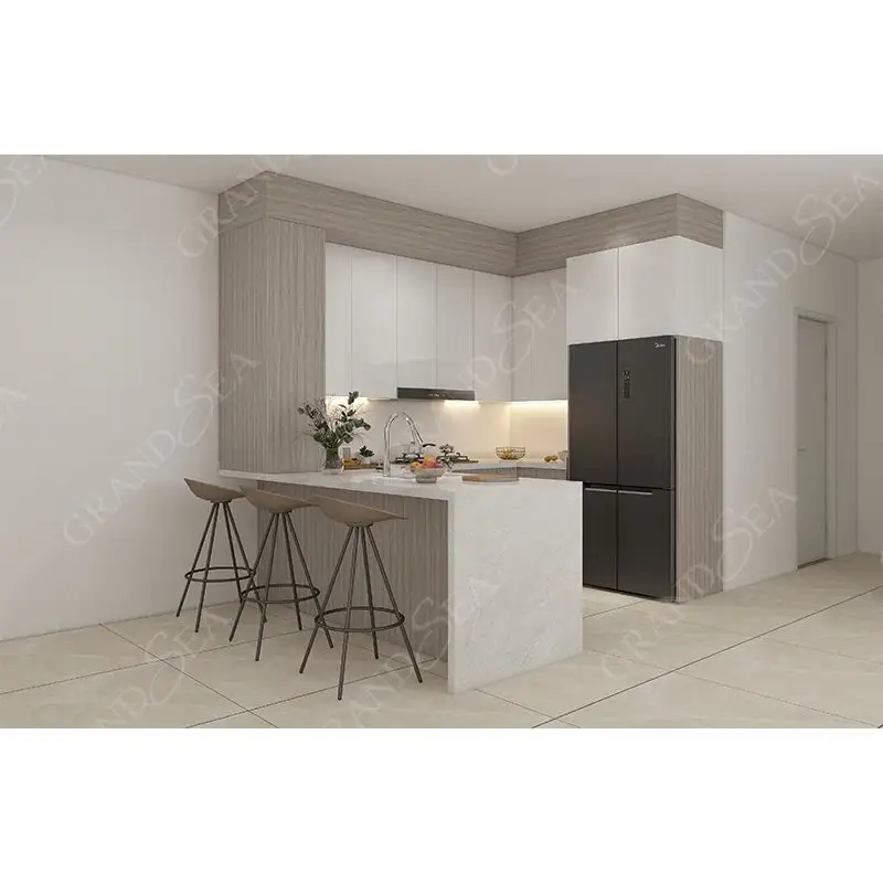 Nuevo hogar Cocina completa Diseño CAD Diseño 3D Paquete plano Lacado Gabinete de cocina automático Fabricante
