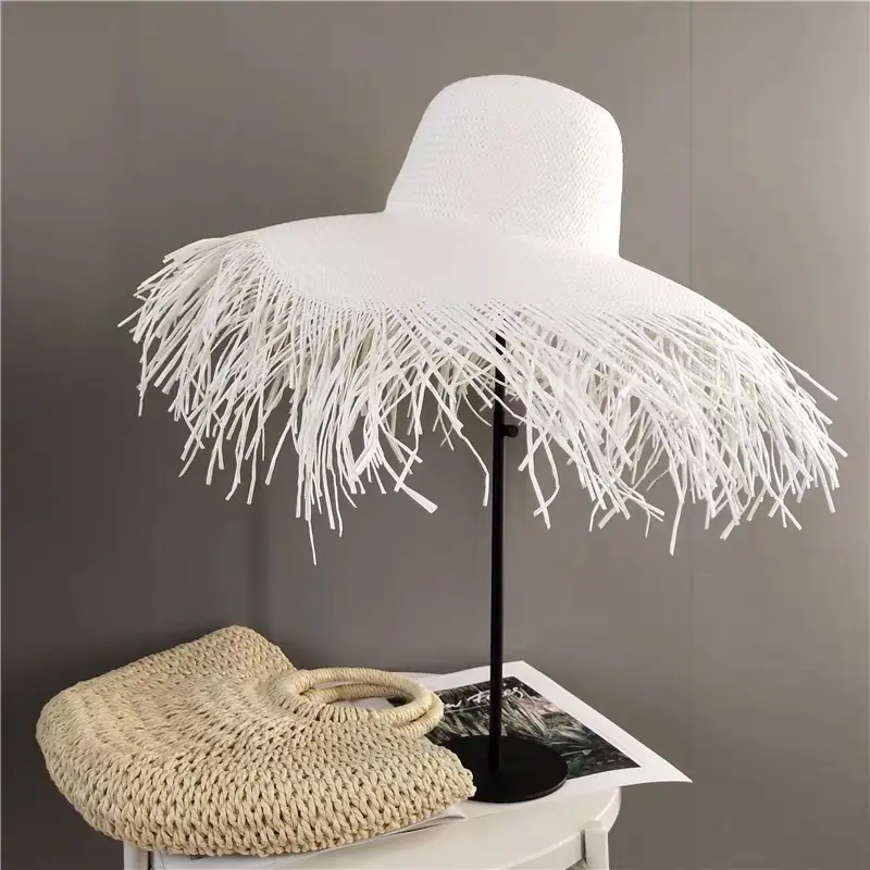 Barato hecho a mano tejido de papel sombrero de paja de la señora del verano sombrero de playa sombrero de sol