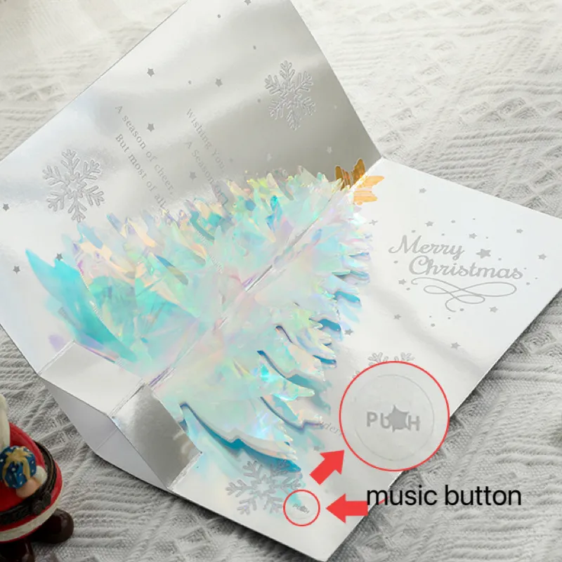 Novo tipo árvore 3d cartão de presente com música pop up padrão som eco amigável cartão para aniversário natal