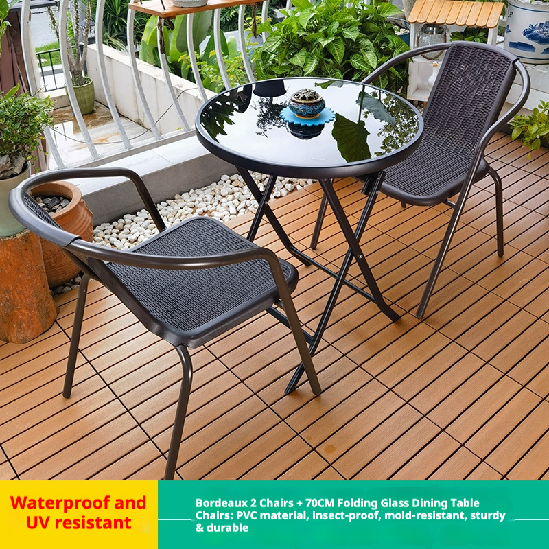 Bordeaux 2 chaises + table ronde pliante en verre 70cm