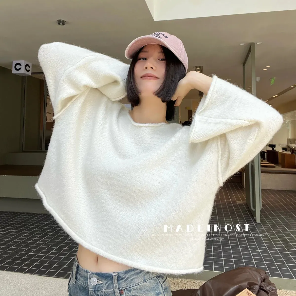 MADEINOST autumn/winter lazy style one line collar pullover loose wool sweater American retro knit top