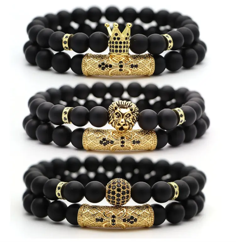 Pulseira masculina clássica, 2 peças/conjunto, stretch, pedra natural, crânio, leão, pingentes, zircônia, cz, conjunto de joias