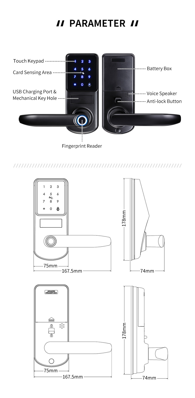Tediton Safety APP Fingerprint Card Code Combination Smart Door Lock with Touch-Screen Keypad