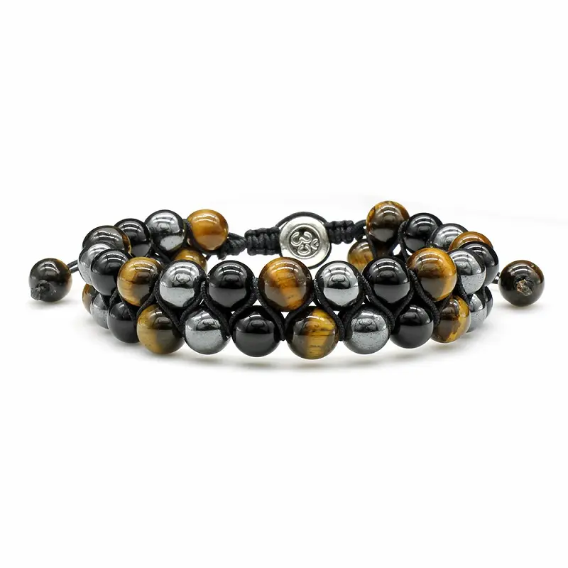 Pulsera de lava con cuentas de hematita, brazalete de cuentas de ónix negro mate, Ojo de Tigre, cuerda trenzada, doble fila