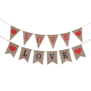 Ventas directas de fábrica Decoración colorida Suministros para fiestas Banderín Yute Banner LOVE Triángulo o forma especial Cadena Arpillera Bunting Flag - Product Image 1