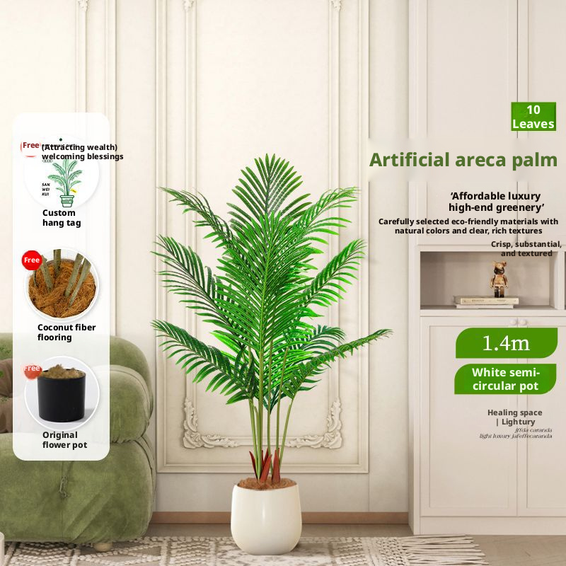 Palmier Areca vert 140CM 10 tiges 10 feuilles Demi-cercle blanc