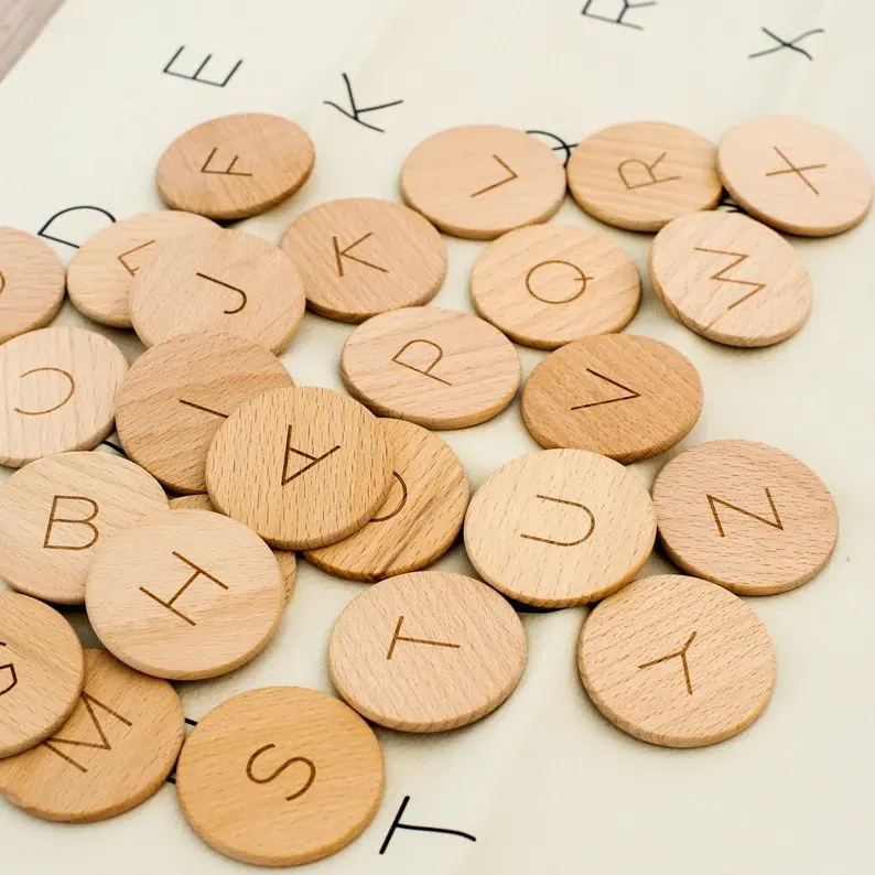 movable home school montessori Wooden round pieces Wooden Letter Dots wood Alphabet Coins with numbers and letters