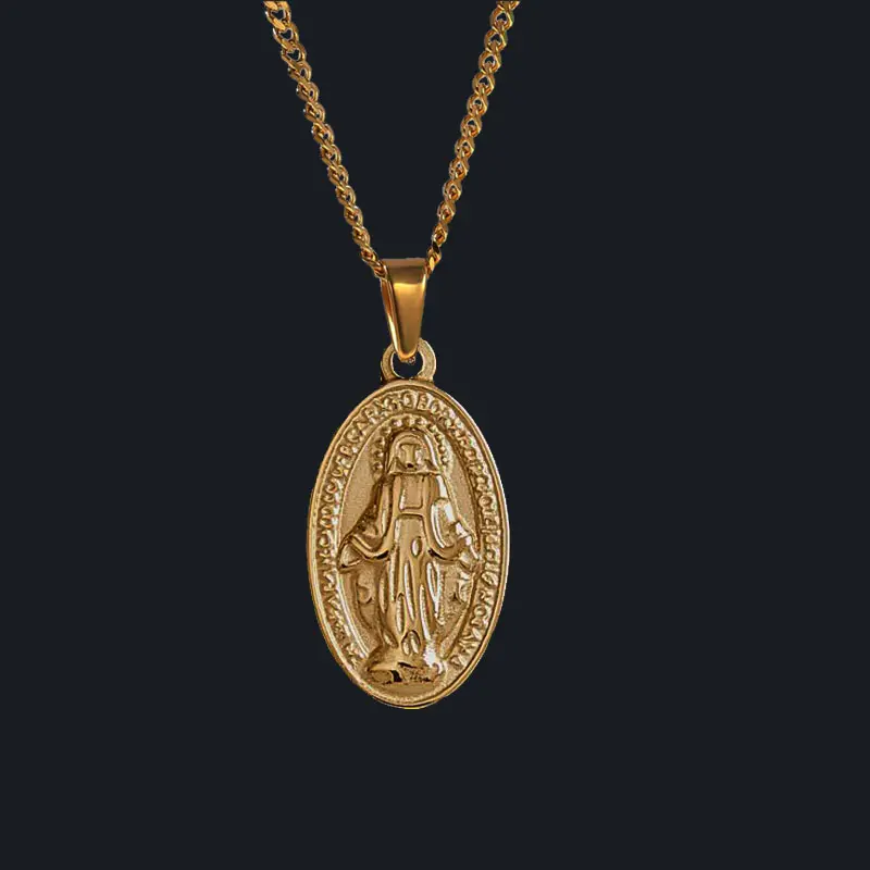 Collar religioso de la Virgen María chapado en oro de 18K para hombres, mujeres y niños, cadena curva