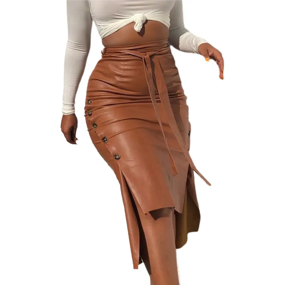 2022 Casual Fall Winter Women Irregular Pu Leather Midi Skirt Fashion Tight High Waist Buttons Split Pencil Bandage Skirt
