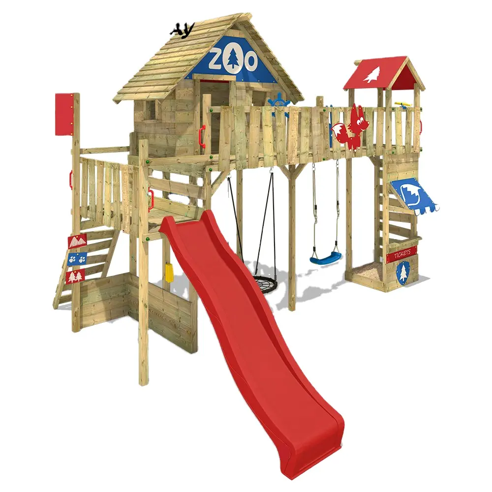 लोकप्रिय प्ले उपकरण खिलौने सस्ती कीमत आउटडोर लकड़ी के खेल का मैदान स्विंग सेट वाणिज्यिक के लिए प्लास्टिक स्लाइड के साथ सेट