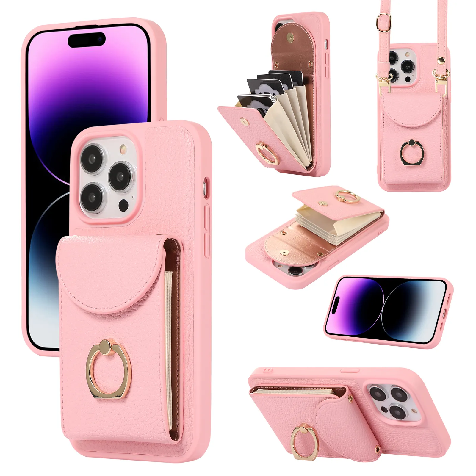 360 Anel de Rotação Kickstand Mobile Phone Case Para iPhone 13/14/15 Mulheres Senhora Carteira De Couro Crossbody Capa Para iPhone 15 Pro