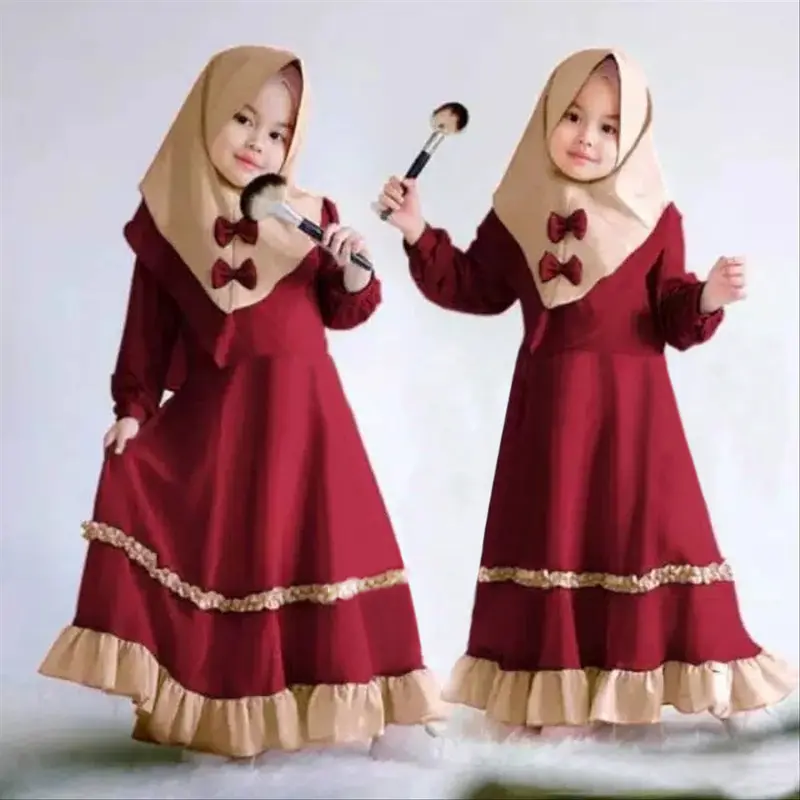 Abaya islamique à manches longues et col en O, vêtements pour enfants de 0 à 3 ans, robe et costume hijab pour enfants musulmans