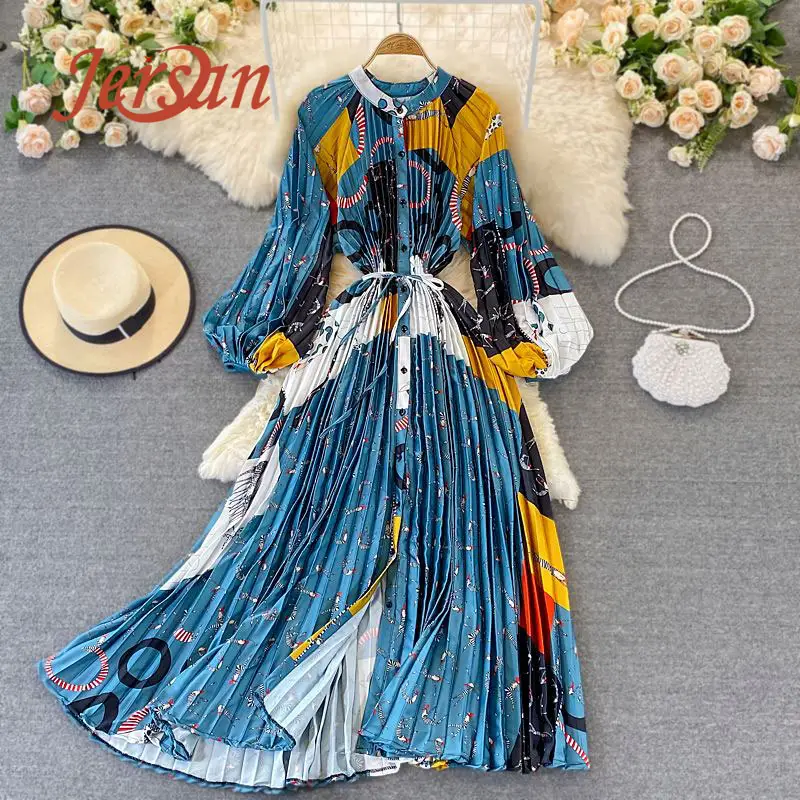 New Spring Autumn Loose Long Sleeve Printed Satin Single Breasted Pleated Maxi Plus Size Women's Casual Dresses Kleid vestito