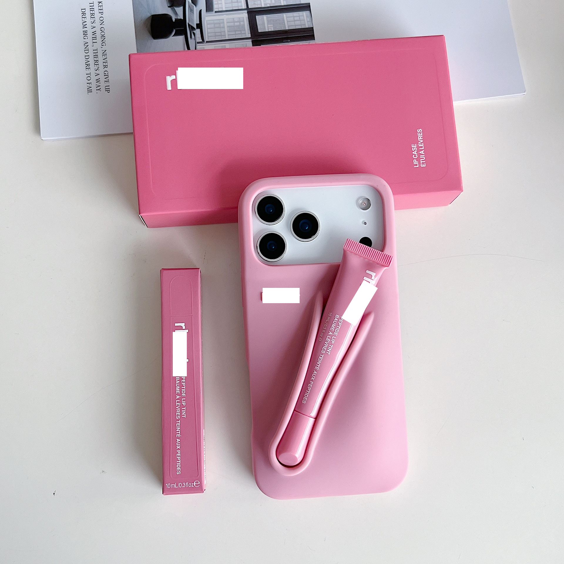 Ruban (rose) - coque de téléphone + vernis à lèvres + boîte d'emballage