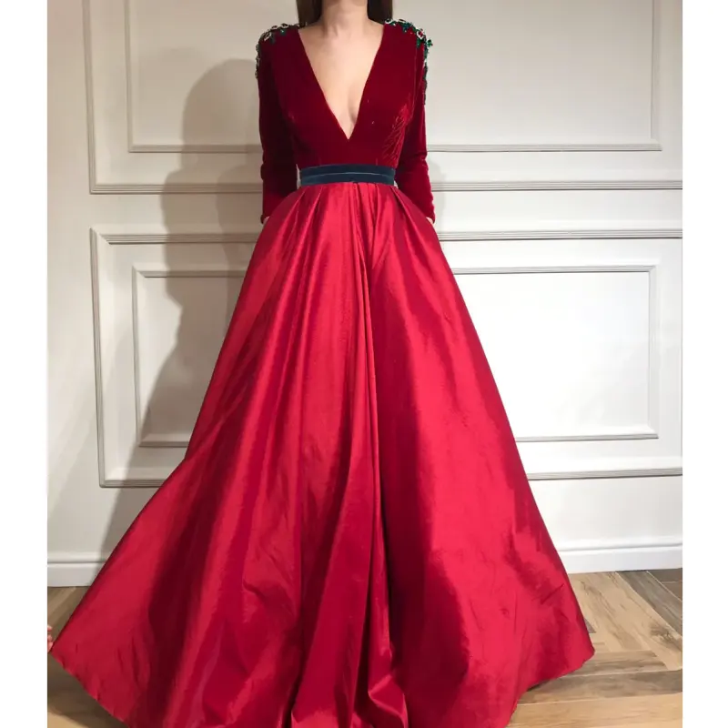 Kustom Vintage Merah Panjang V-neck Sabuk Kristal A-line Gaun Pengantin Gaun Pesta Ulang Tahun untuk Wanita Ukuran Plus Gaun Malam Prom