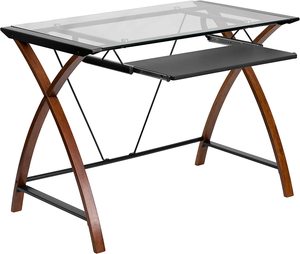 Tavolo per Computer in vetro per Home Office a prezzi competitivi con supporto per tastiera estraibile con struttura a croce con Design moderno regolabile - Product Image 6