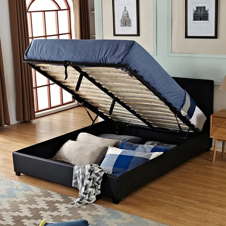 ottoman cheap price double or single bed modern style simple designs black colour pu leather bed with storage