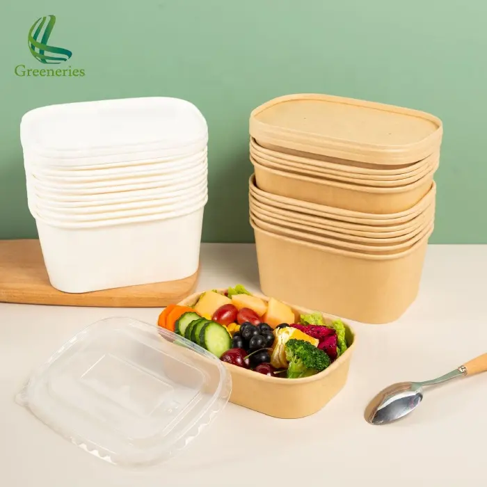 Customized Printing Takeaway Disposable Rectangle Food White Kraft Paper Lunch Boxes Cake Packaging With Clear Lid