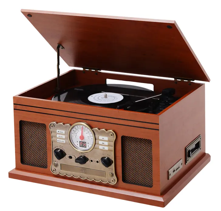 Pemutar musik meja putar 7-in-1 antik, gramofon vinil meja putar cd radio retro meja putar kayu solid