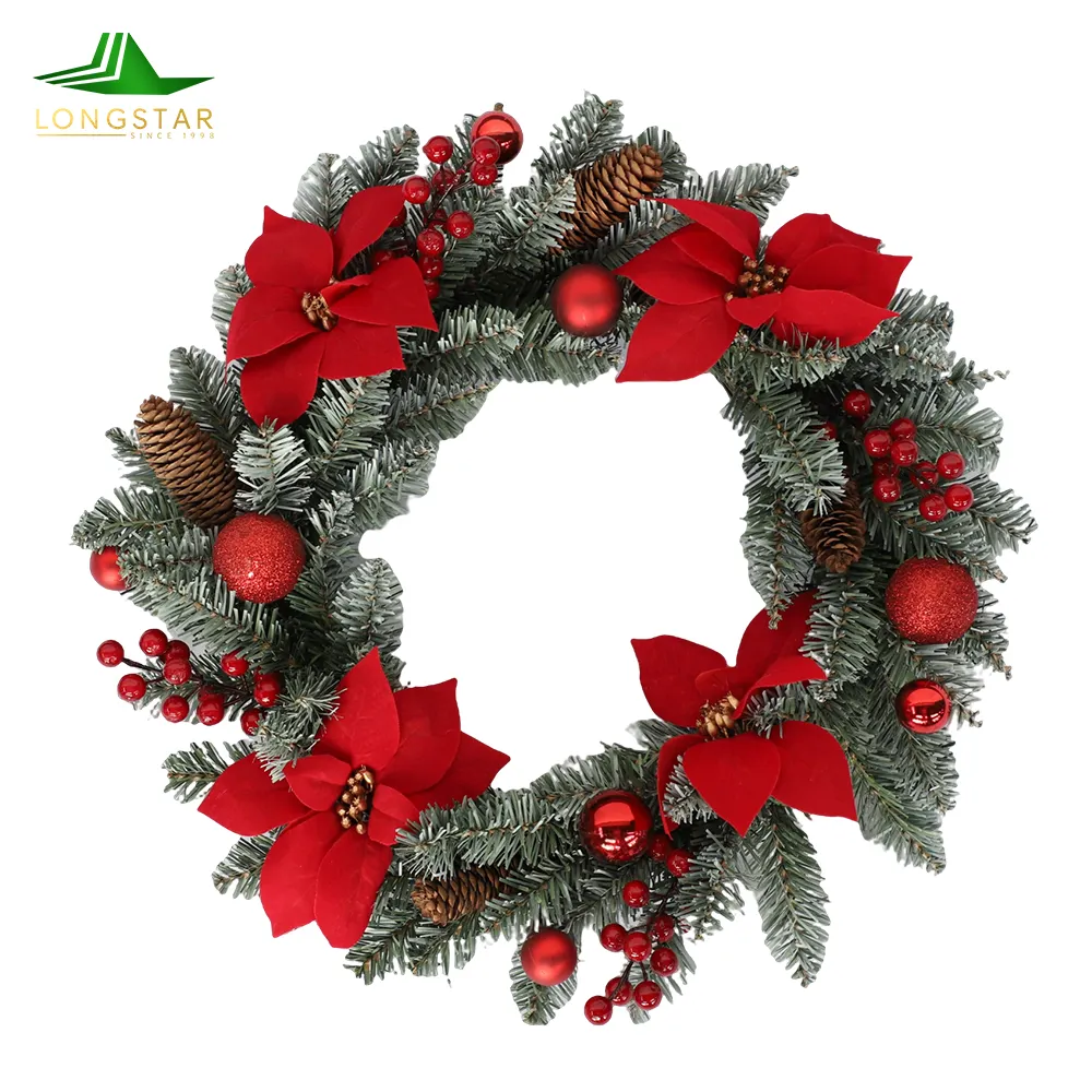 LONGSTAR Decoração de porta de casa de ano novo guirlanda de natal em rattan com ramos naturais de pinho, frutas vermelhas e pinhas